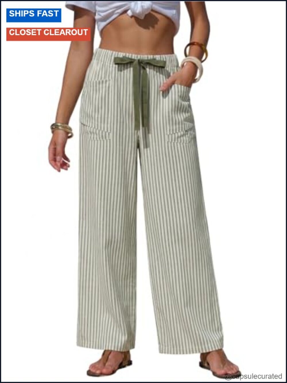 Faux Linen Wide Leg Drawstring Pants with Pockets - Summer Trousers